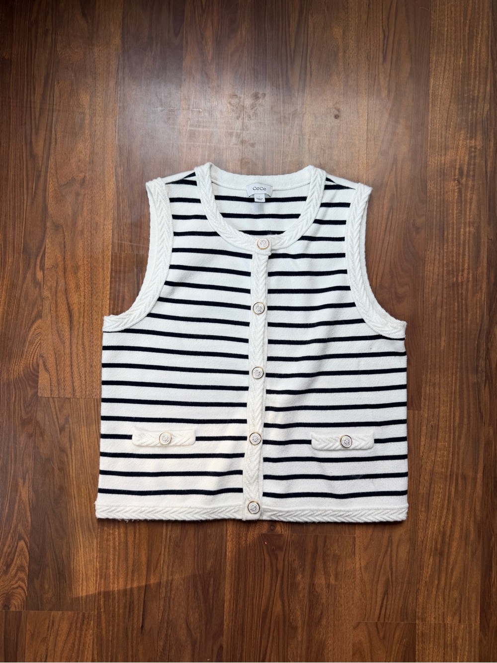 CeCe Ivory and Black Striped Knitted Sleeveless Vest